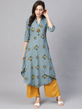 SOJANYA Kurta Bercetak A-Line Wanita Biru & Kuning