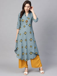 SOJANYA Kurta Bercetak A-Line Wanita Biru & Kuning