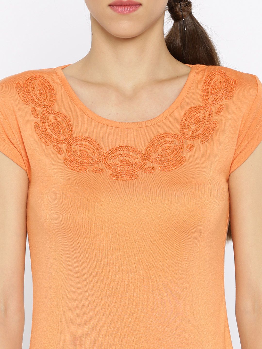 Park Avenue Women Orange Beaded Round Neck T-shirt