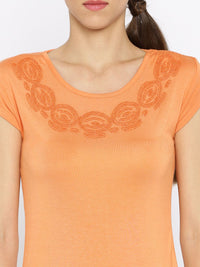 Park Avenue Women Orange Beaded Round Neck T-shirt