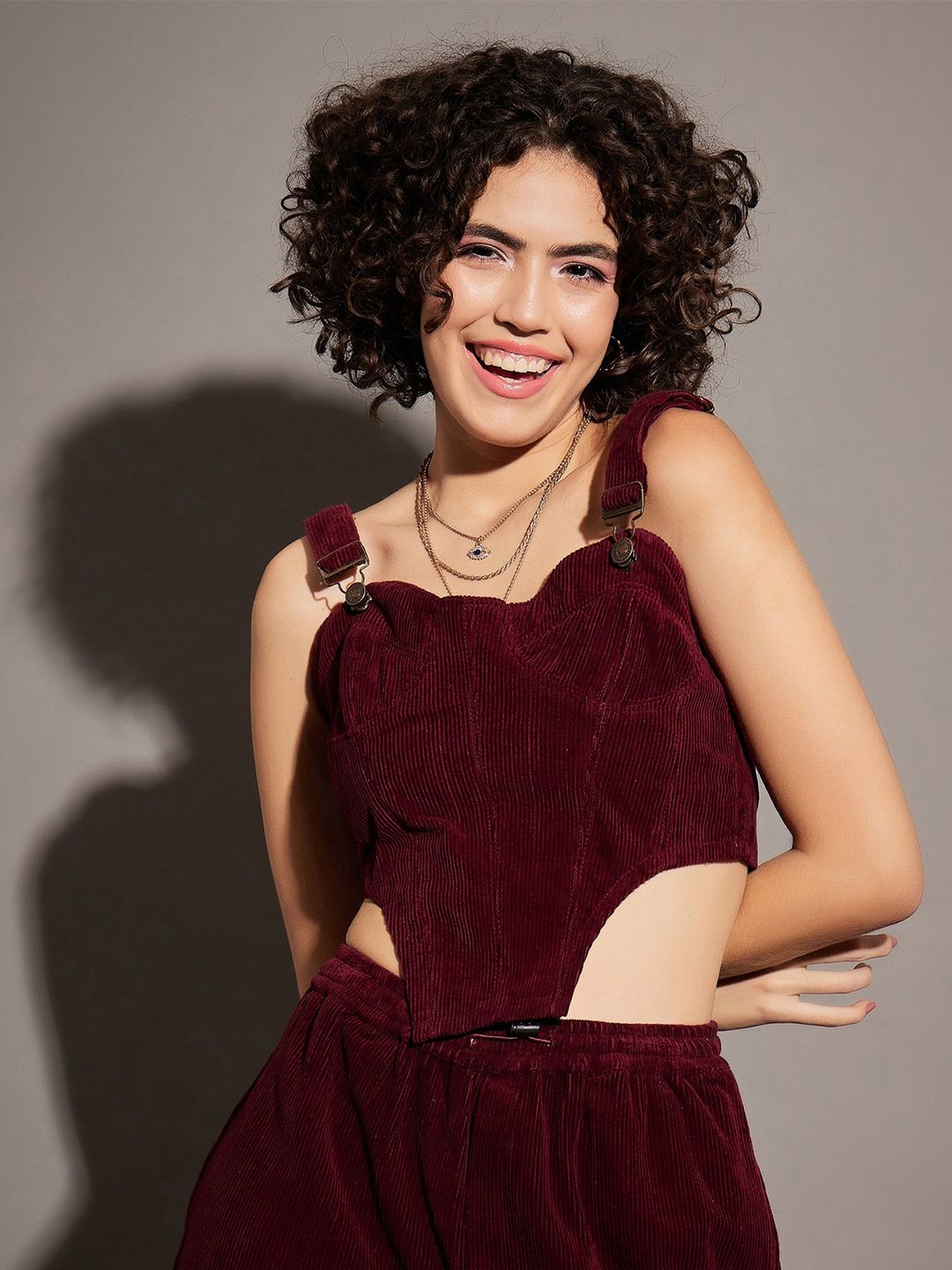 SASSAFRAS Maroon Shoulder Straps Corduroy Crop Fitted Top