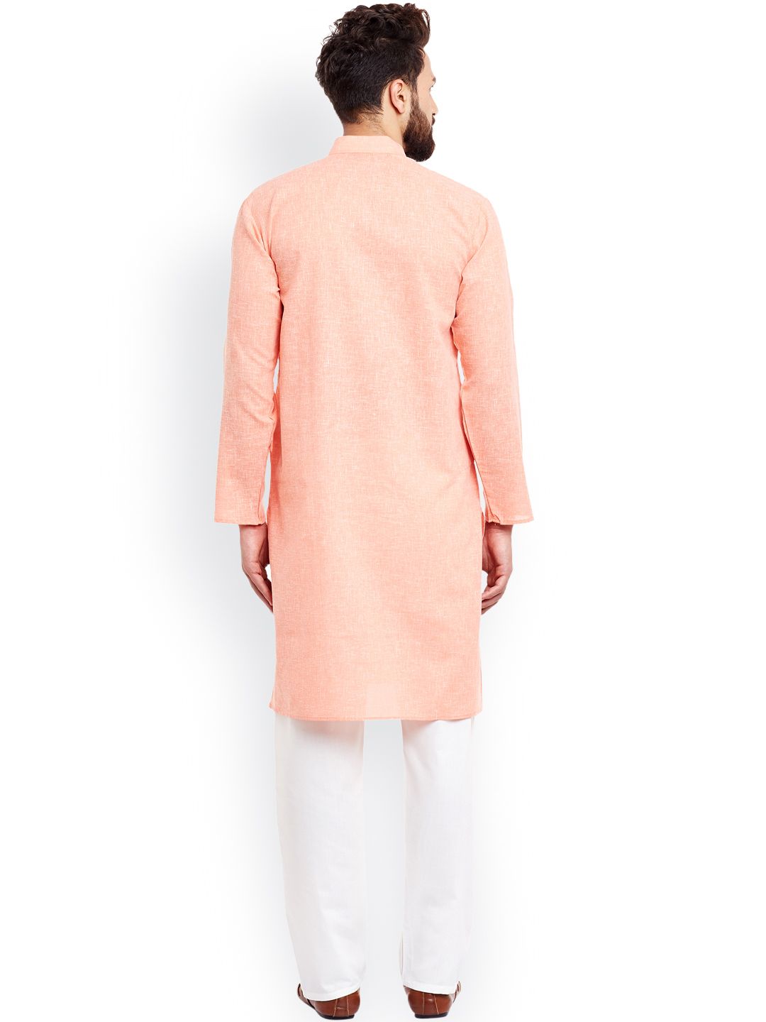 SOJANYA Men Coral Orange & White Solid Straight Kurta