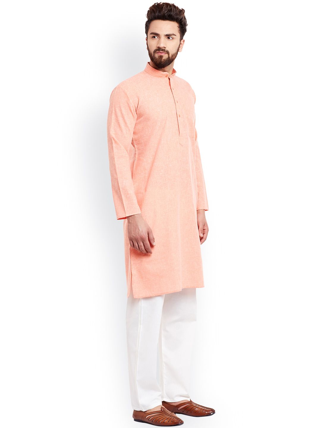 SOJANYA Men Coral Orange & White Solid Straight Kurta
