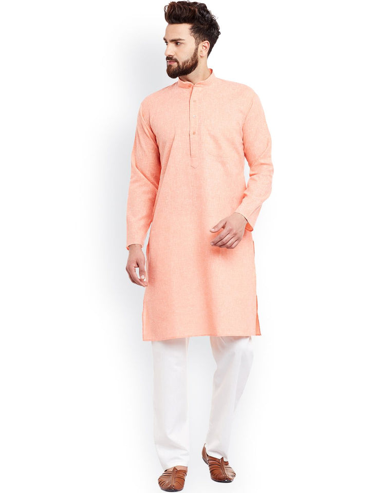 SOJANYA Men Coral Orange & White Solid Straight Kurta