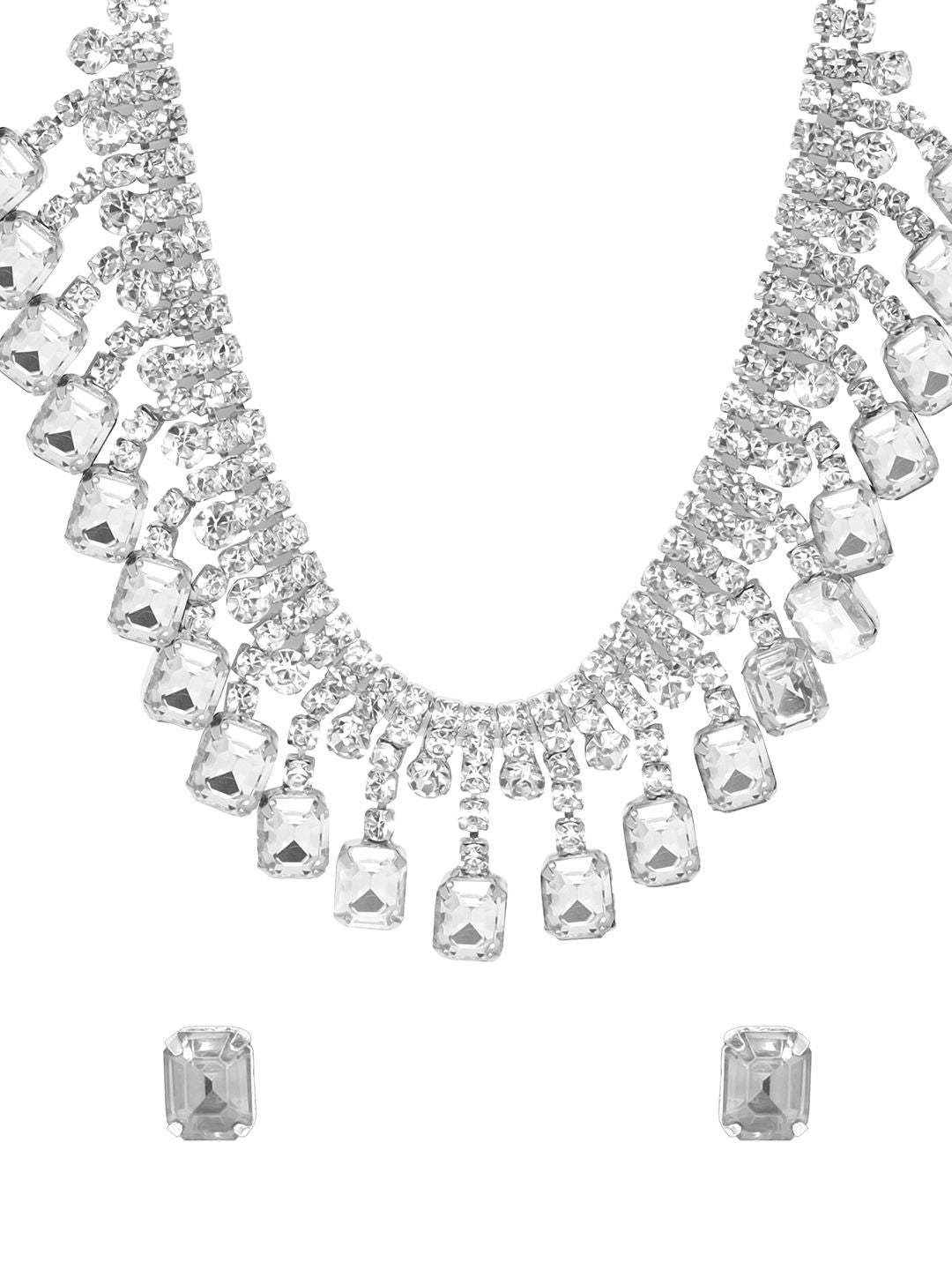 Rubans Women Rhodium Plated Crystal White AD & Cubic Zirconia Studded Jewellery Set
