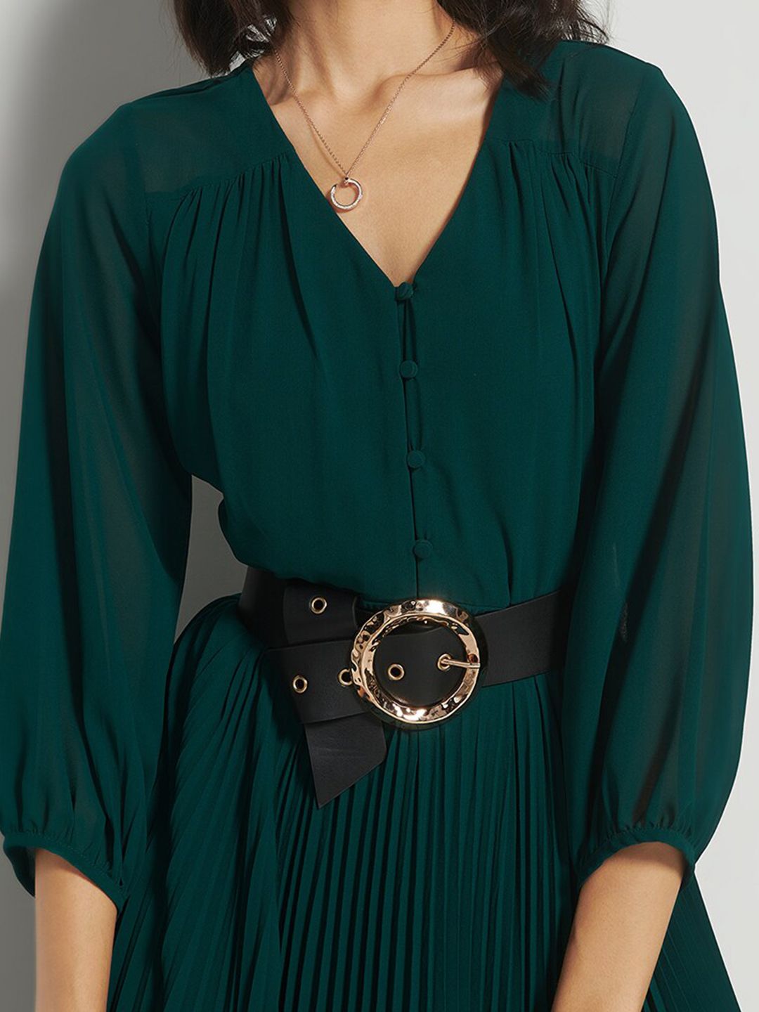 AND V-Neck Puff Sleeves Accordion Pleated Detailed Fit & Flare Midi Dress