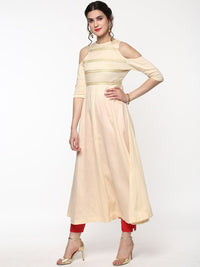 SASSAFRAS Women Cream-Coloured Cold-Shoulder Anarkali Kurta