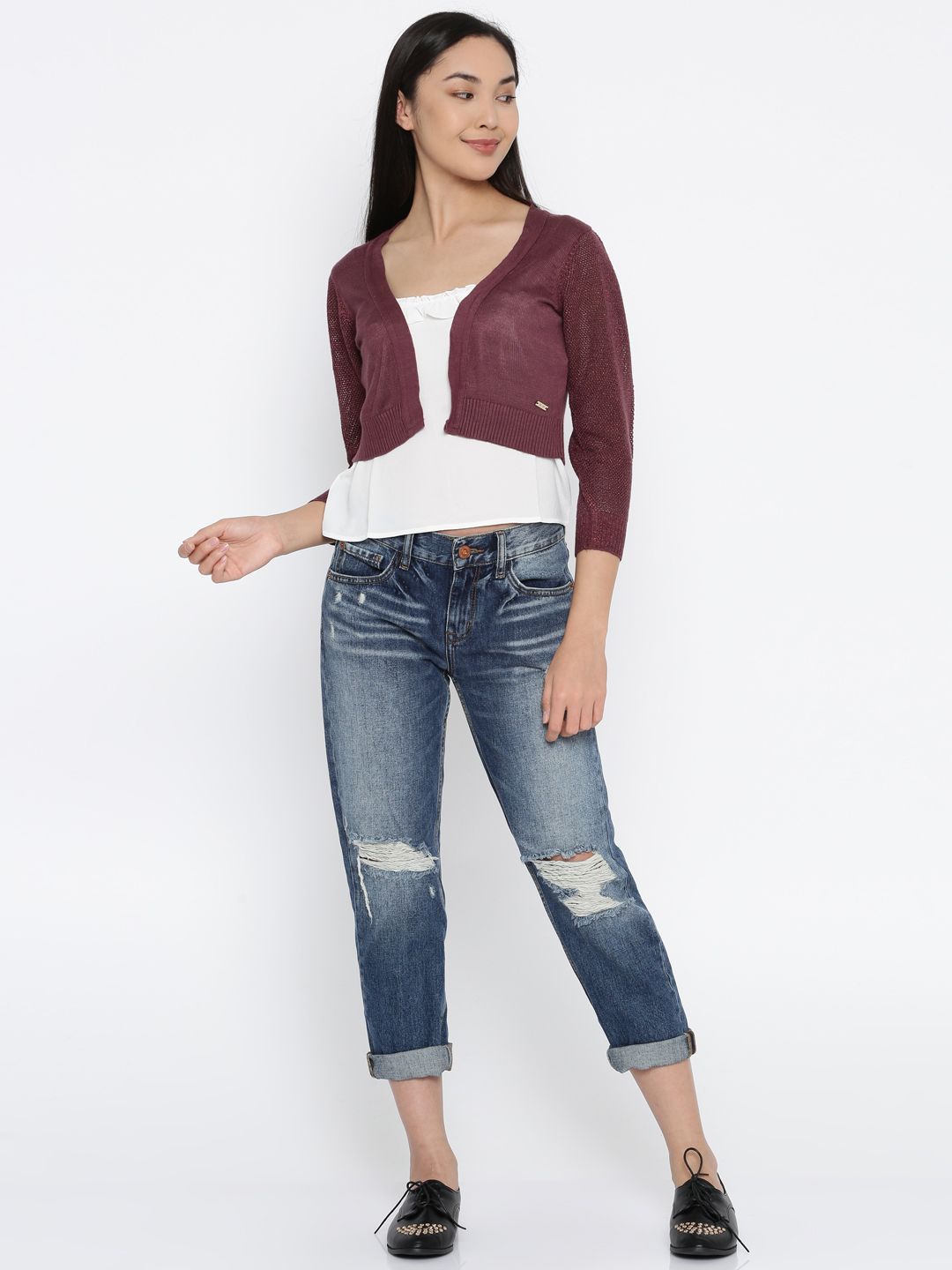 Park Avenue Women Burgundy Crop Cardigan