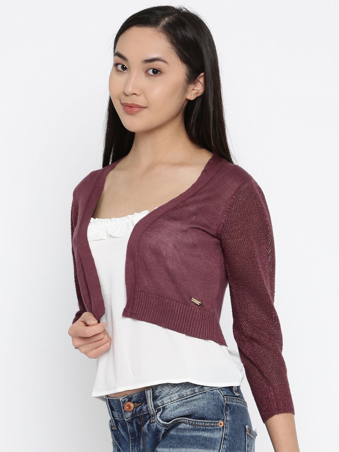 Park Avenue Women Burgundy Crop Cardigan