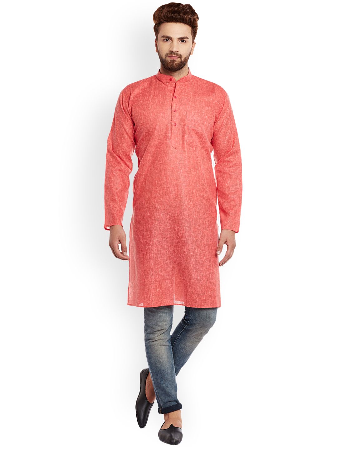 SOJANYA Lelaki Coral Red Solid Kurta Lurus