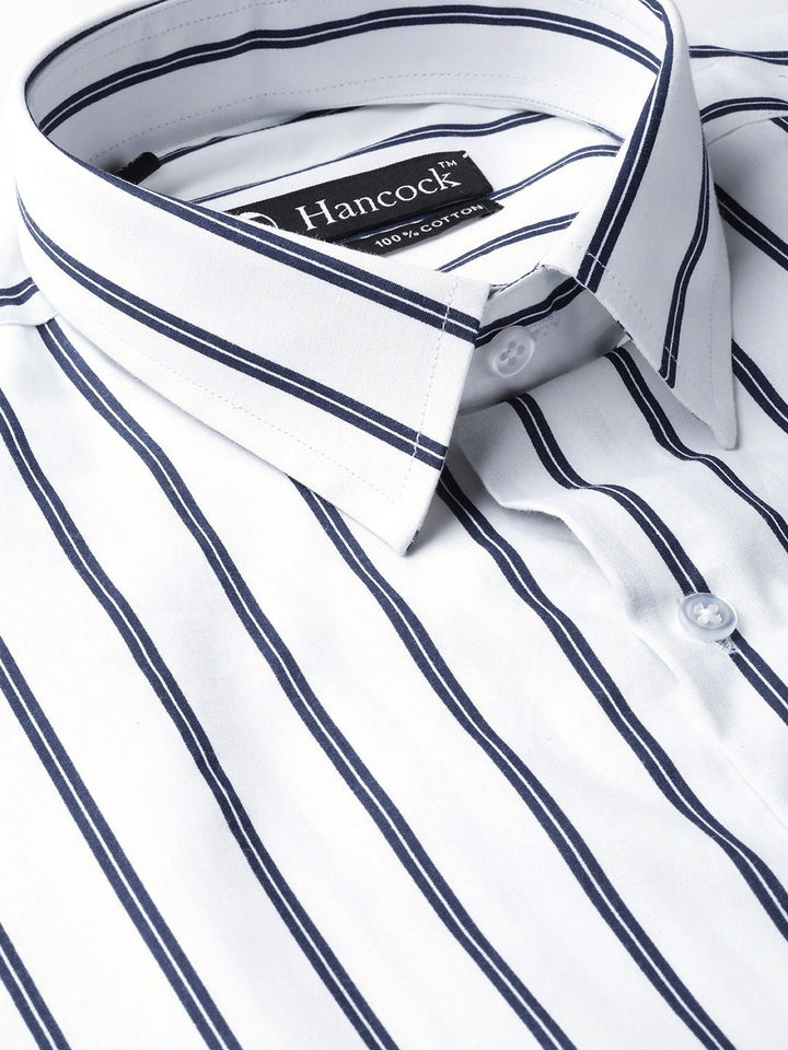 Hancock Men White & Navy Blue Slim Fit Formal Shirt