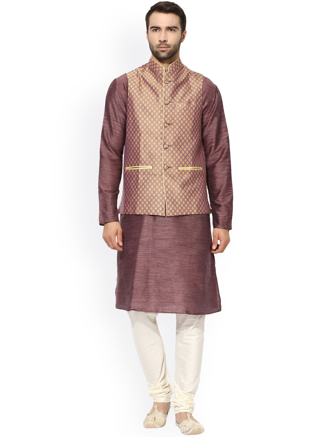KISAH Men Mauve & Beige Patterned Nehru Jacket