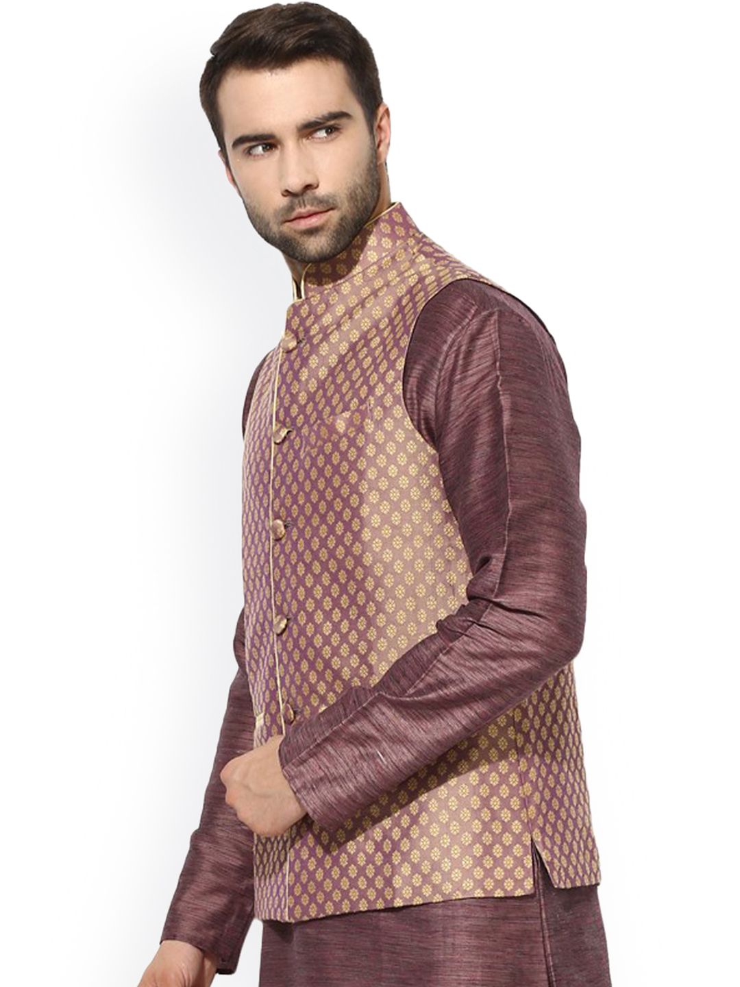 KISAH Men Mauve & Beige Patterned Nehru Jacket