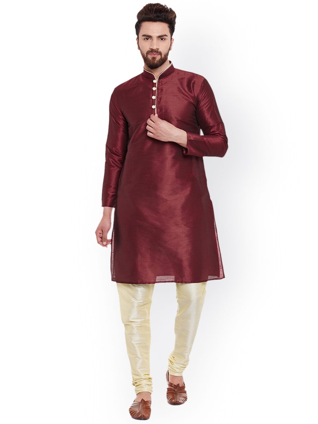 SOJANYA Men Maroon Solid Straight Kurta