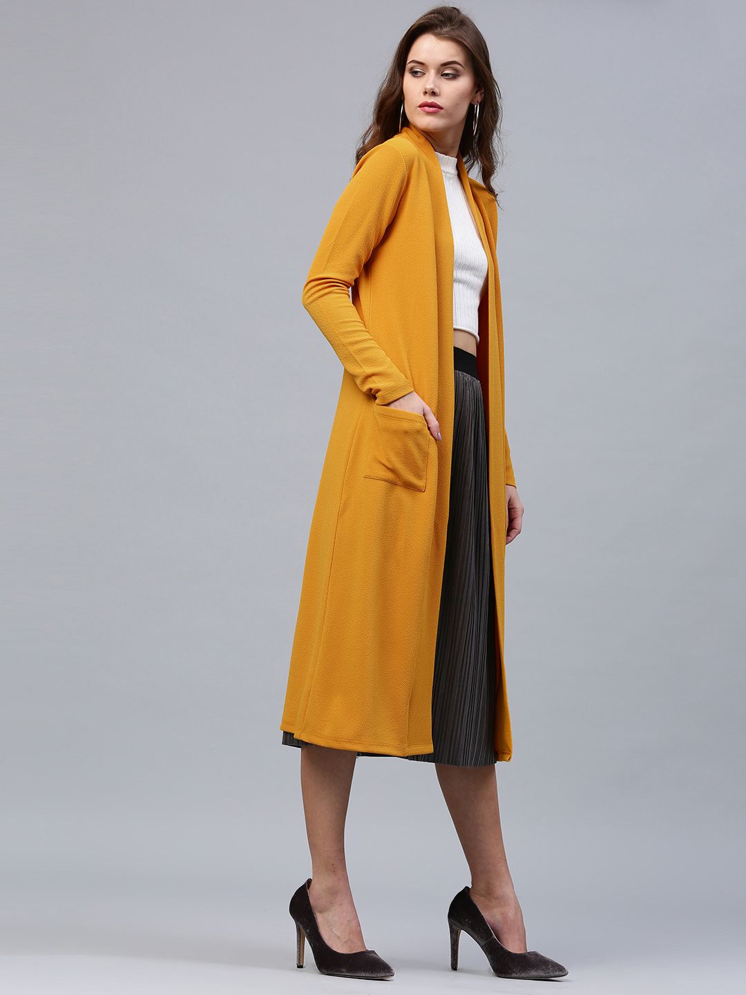 SASSAFRAS Mustard Yellow Solid Longline Open Front Shrug