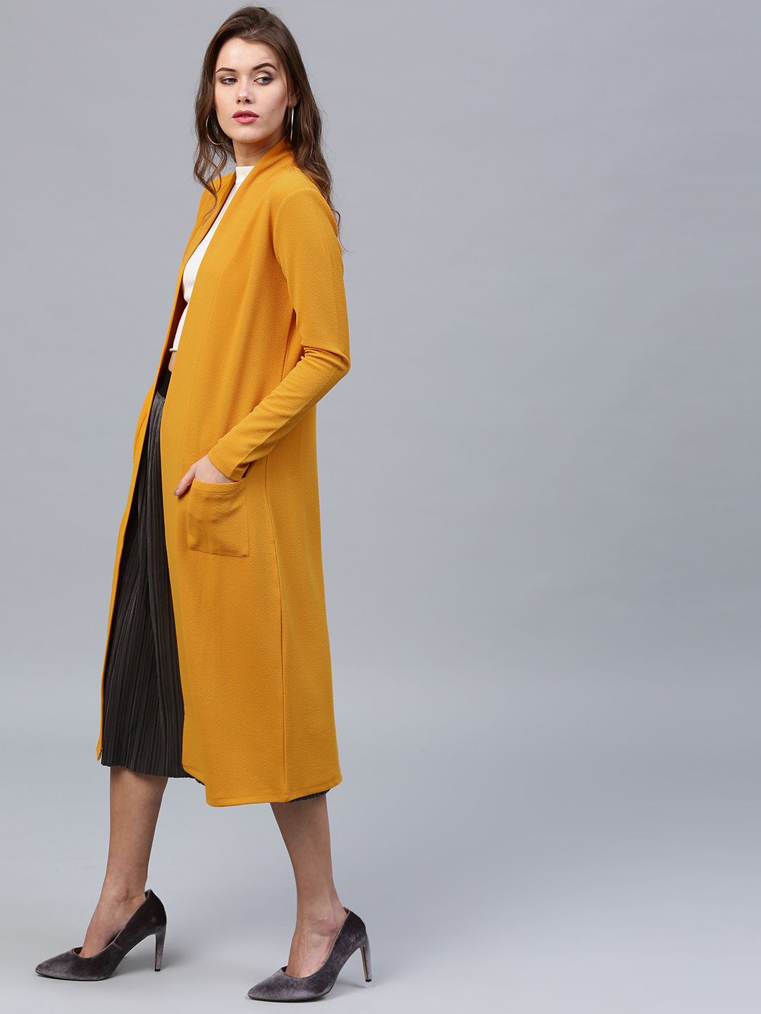 SASSAFRAS Mustard Yellow Solid Longline Open Front Shrug
