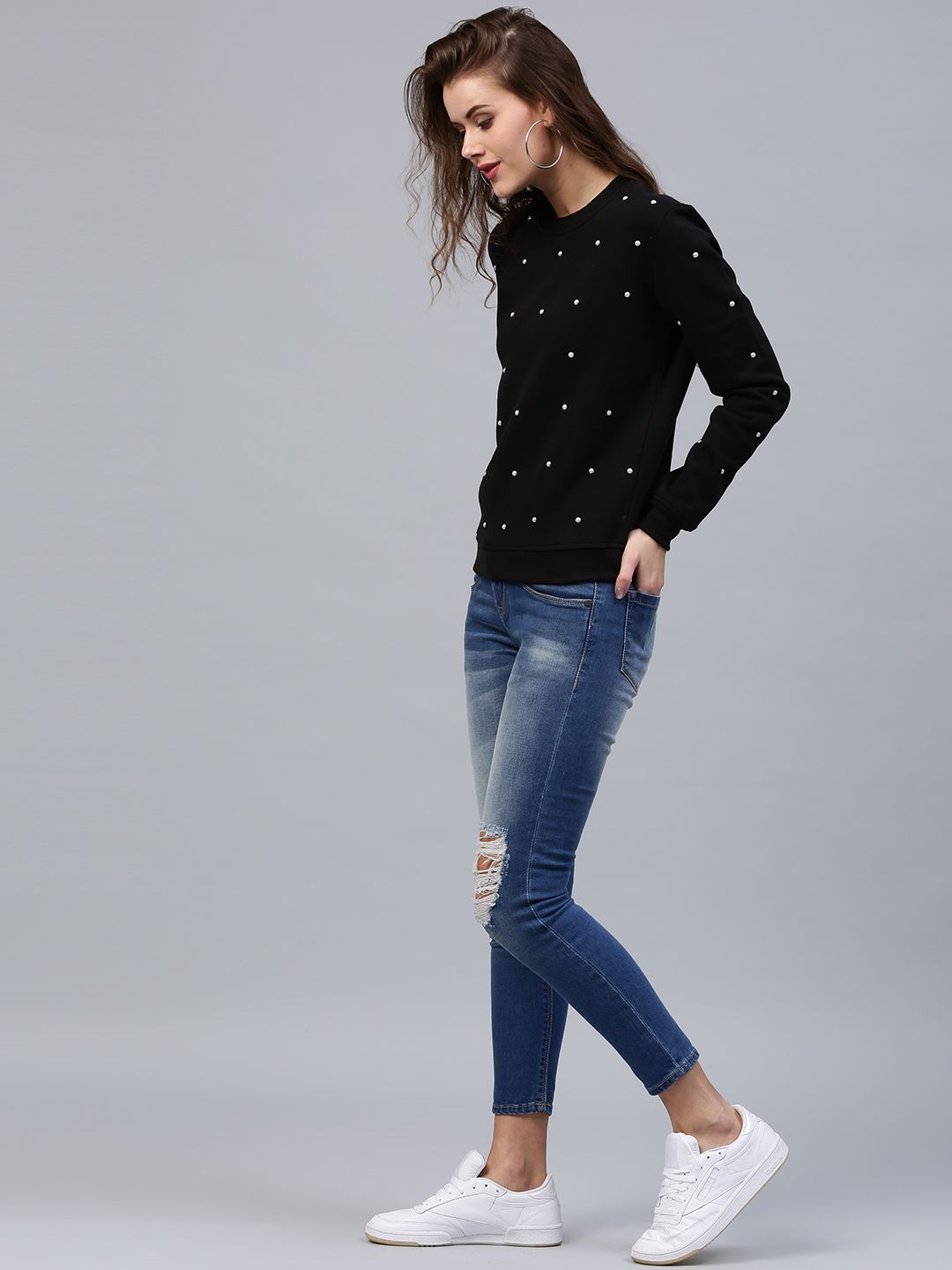 SASSAFRAS Women Black Studded Sweatshirt