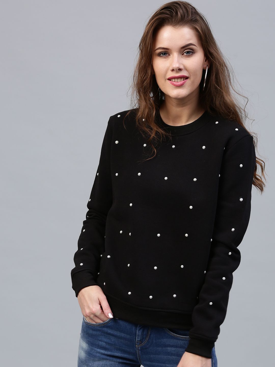SASSAFRAS Women Black Studded Sweatshirt