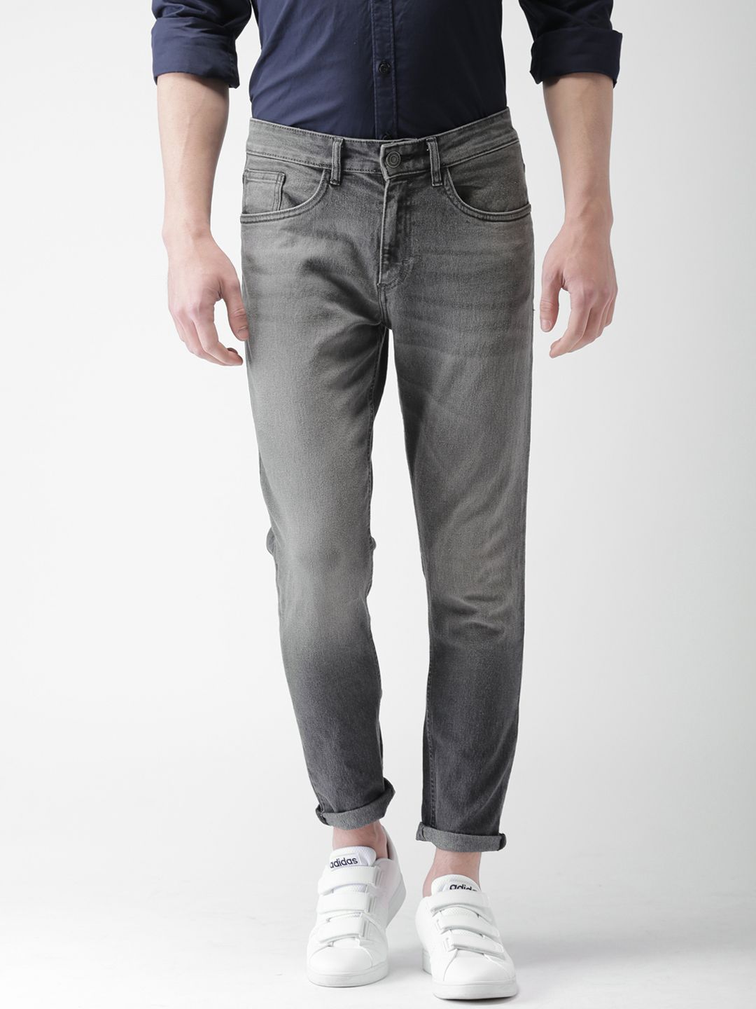 HIGHLANDER Men Charcoal Grey Slim Tapered Fit Clean Look Ankle Length Stretchable Jeans