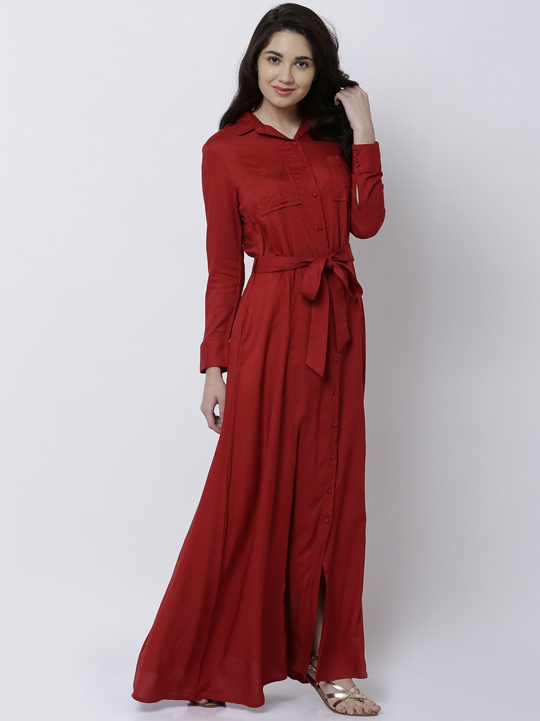 Tokyo Talkies Red Cuffed Sleeved Maxi Dress With Tie-Ups