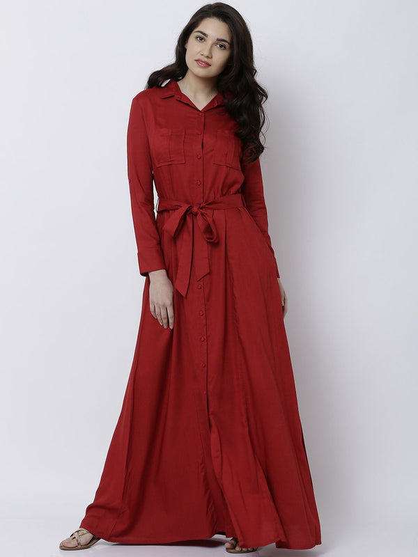Tokyo Talkies Red Cuffed Sleeved Maxi Dress With Tie-Ups