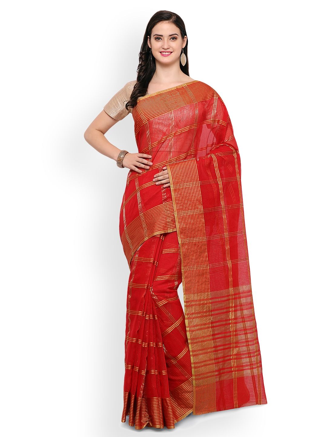 Saree mall Red Art Silk Checked Bhagalpuri Saree