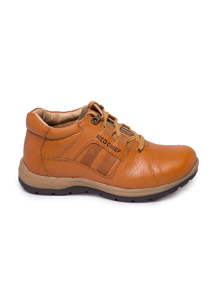 Red Chief Men Tan Brown Solid Leather Mid-Top Sneakers