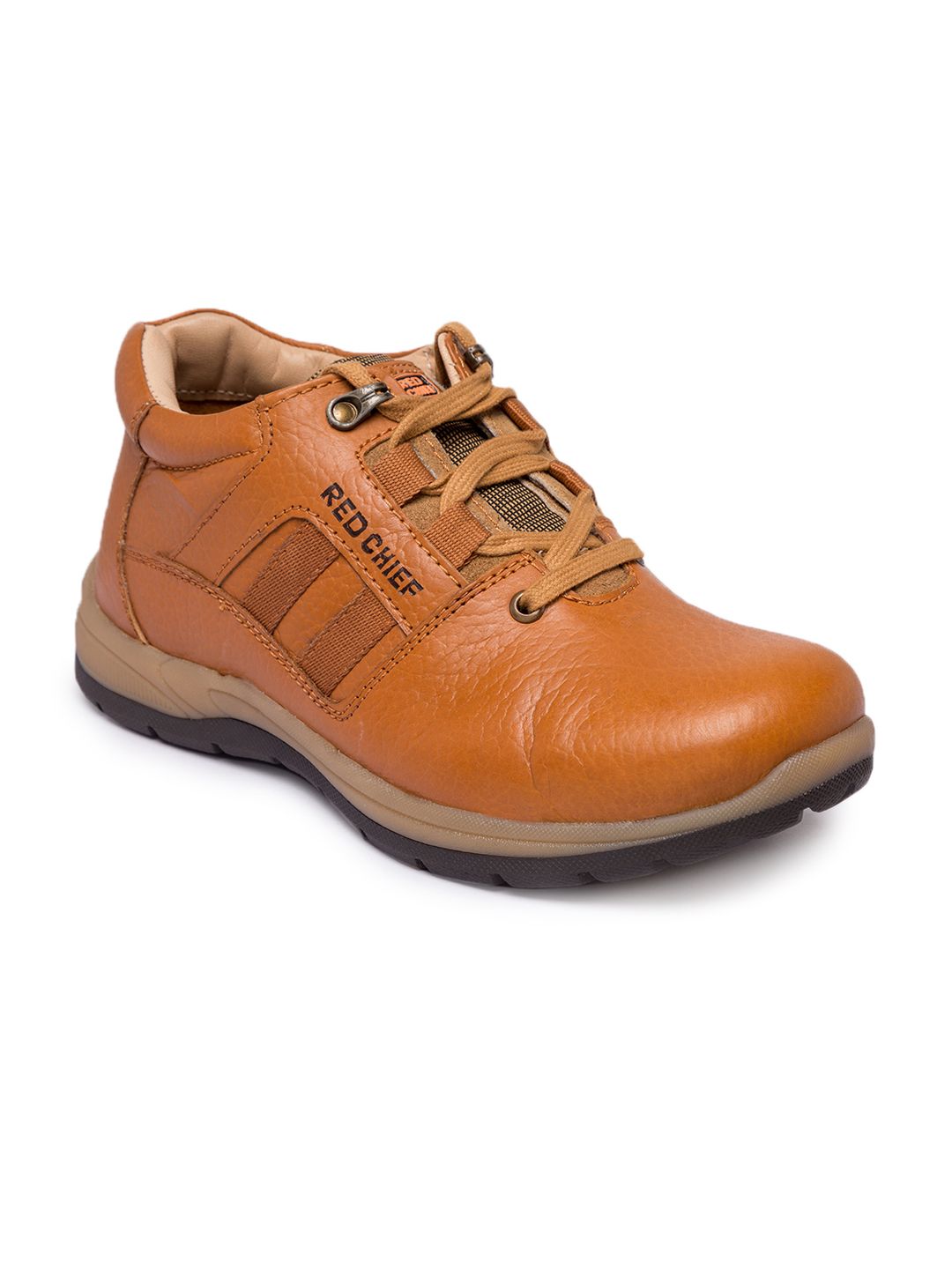Red Chief Men Tan Brown Solid Leather Mid-Top Sneakers