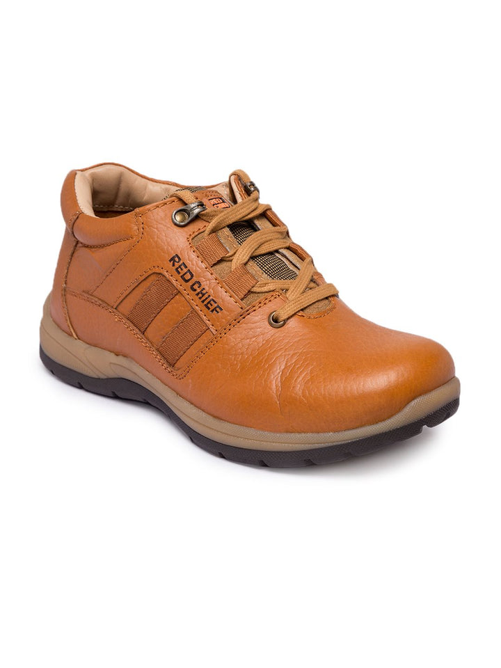Red Chief Men Tan Brown Solid Leather Mid-Top Sneakers
