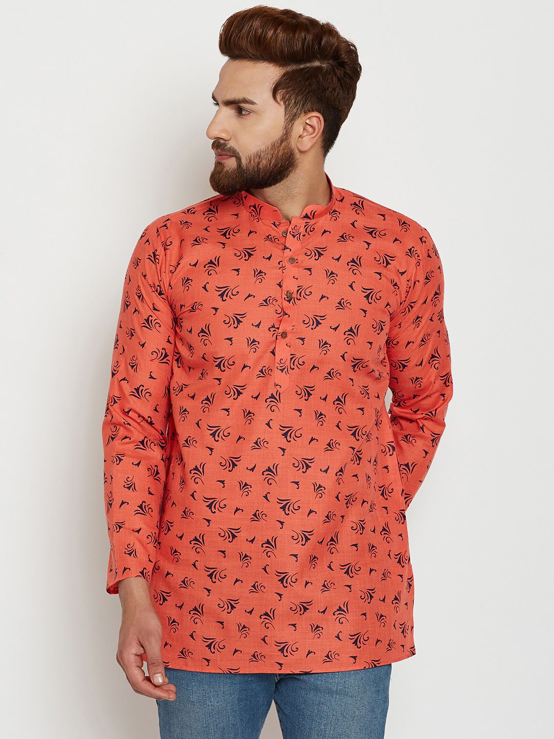 SOJANYA Men Orange Printed Straight Kurta