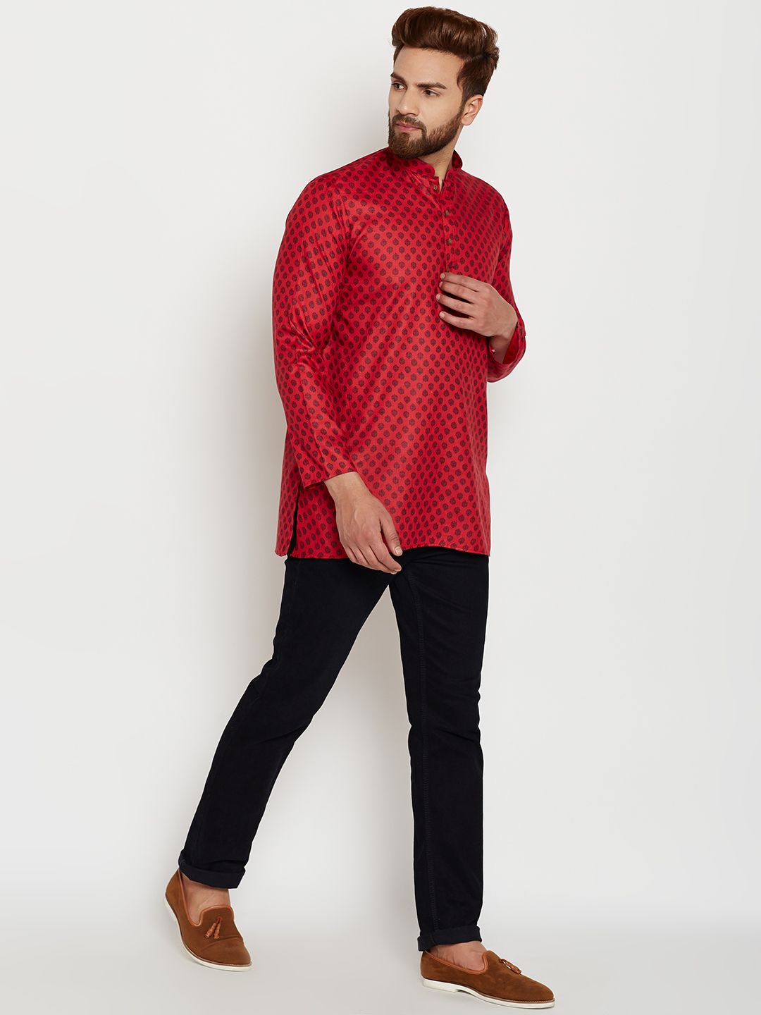 SOJANYA Kurta Lurus Bercetak Merah Lelaki