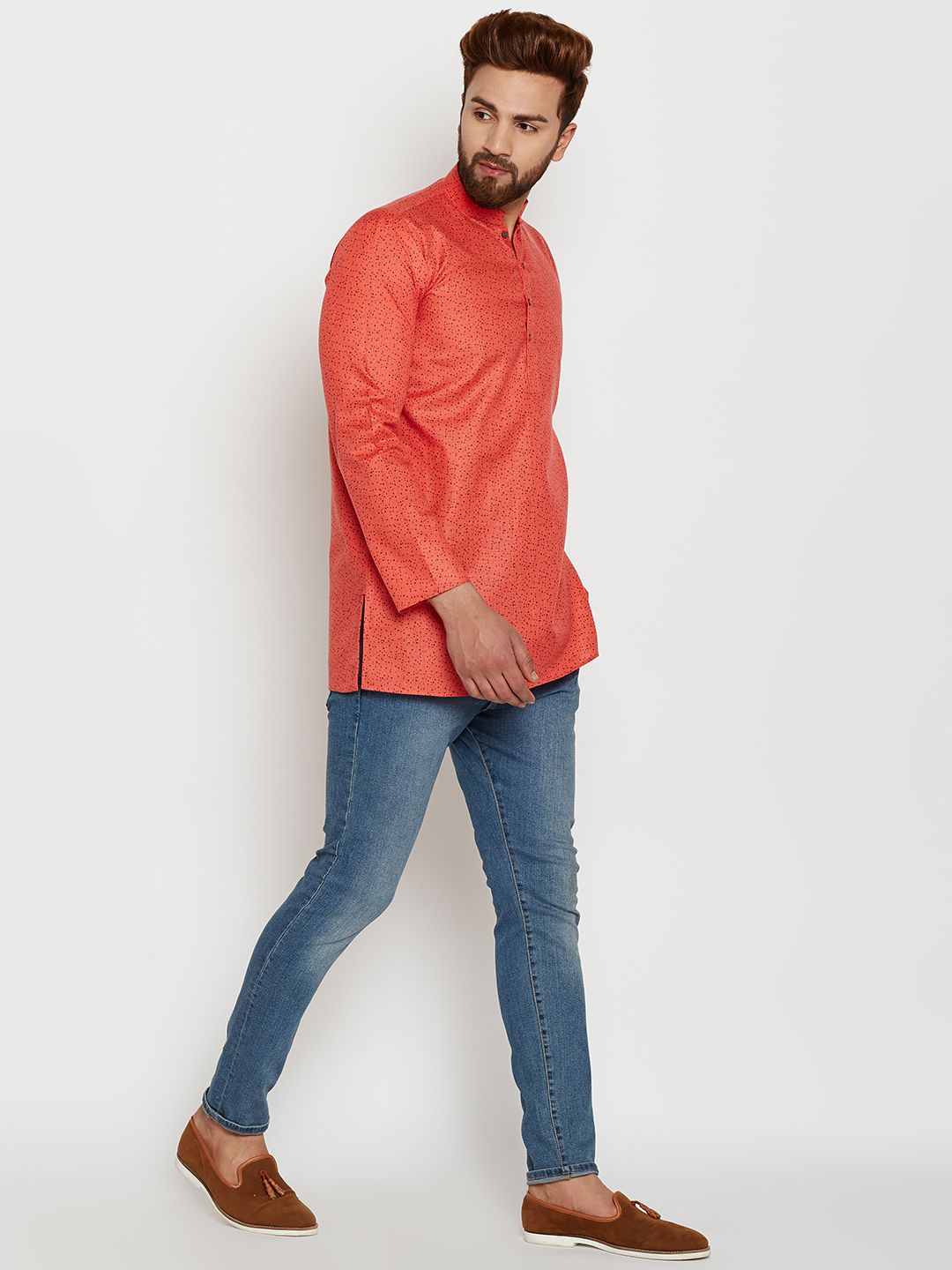 SOJANYA Men Orange Printed Straight Kurta