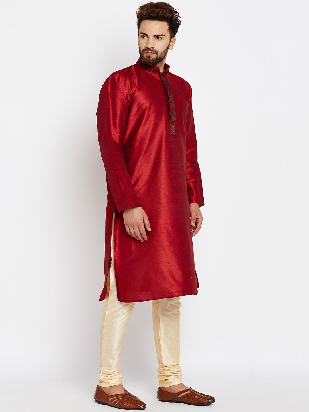 SOJANYA Men Maroon Solid Straight Kurta