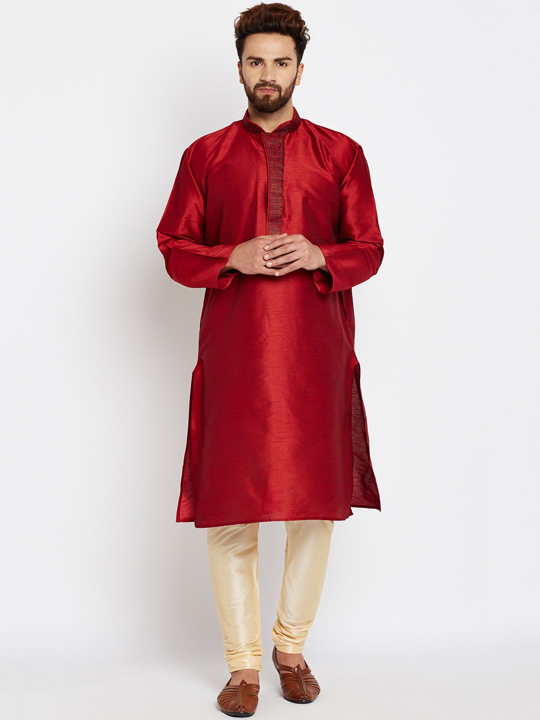 SOJANYA Men Maroon Solid Straight Kurta