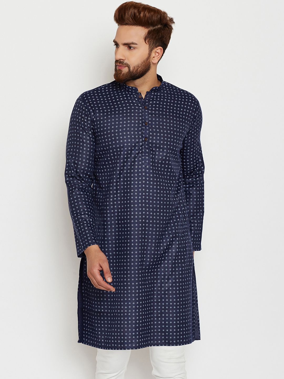SOJANYA Men Navy Blue Printed Straight Kurta