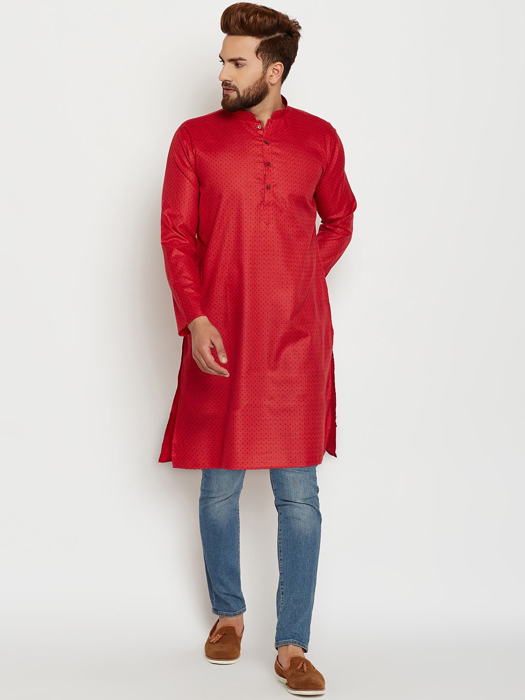 SOJANYA Kurta Lurus Bercetak Merah Lelaki