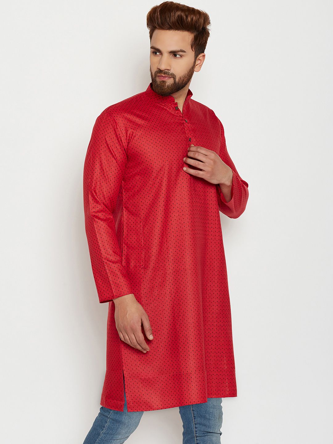 SOJANYA Kurta Lurus Bercetak Merah Lelaki