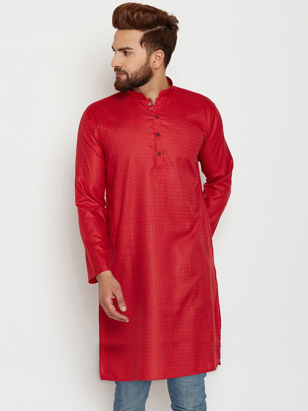 SOJANYA Kurta Lurus Bercetak Merah Lelaki