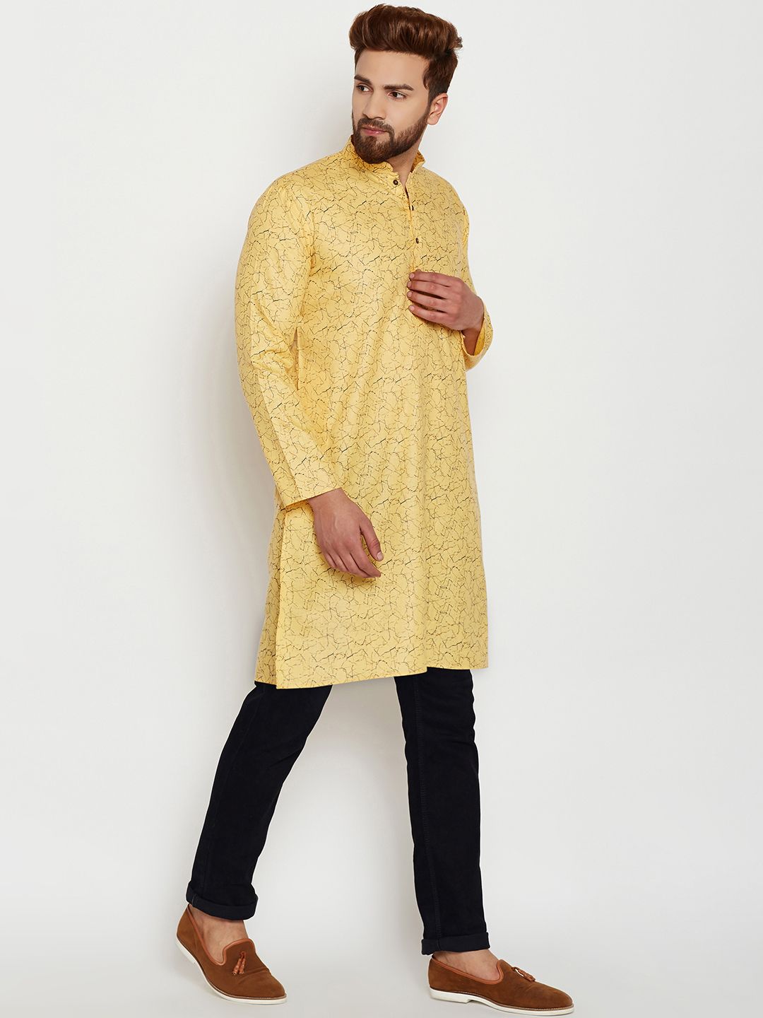 SOJANYA Lelaki Yellow Printed Straight Kurta