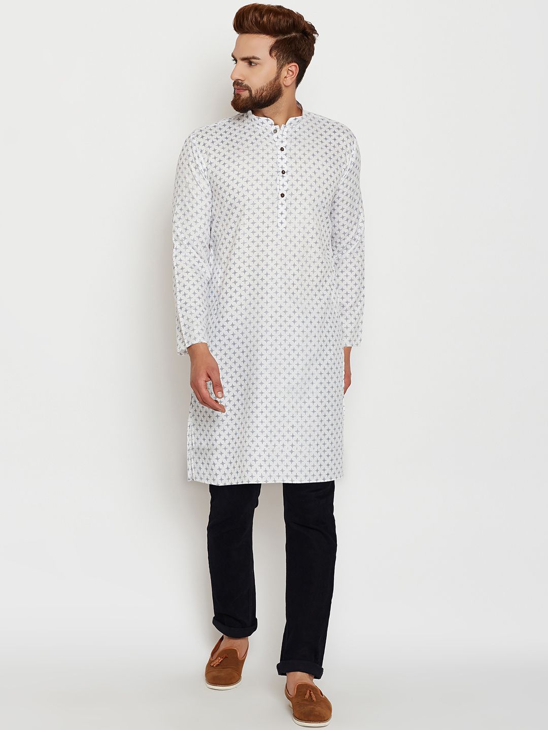 SOJANYA Men White Printed Straight Kurta
