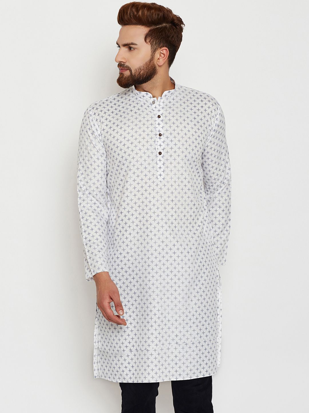 SOJANYA Men White Printed Straight Kurta