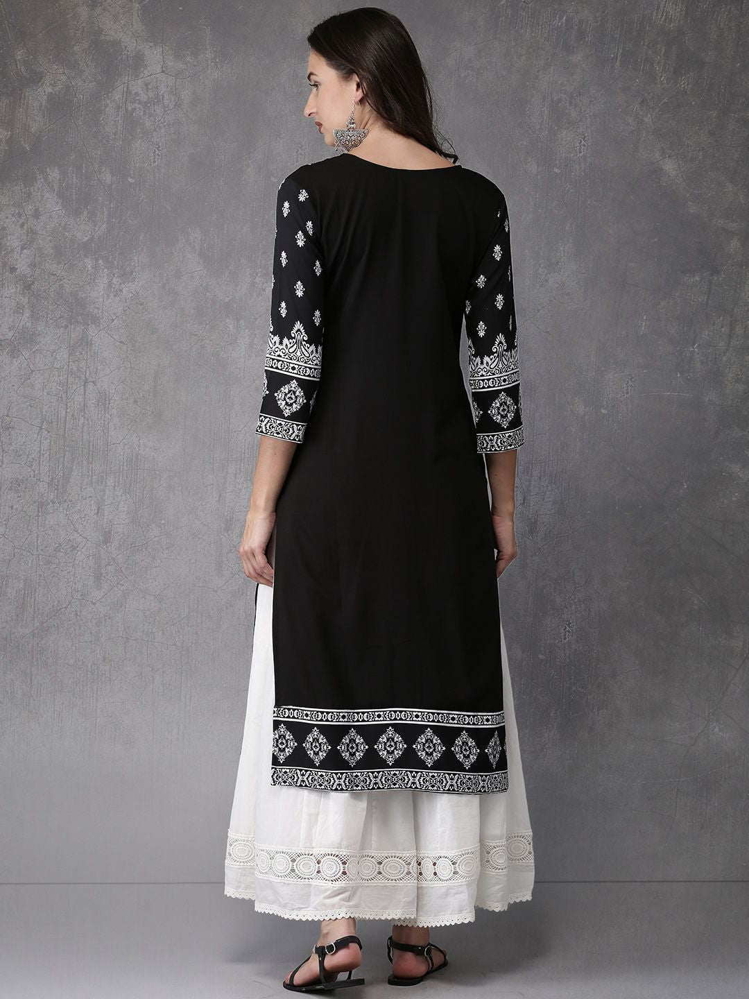 Anouk Women Black & White Ethnic Motifs Print Straight Kurta