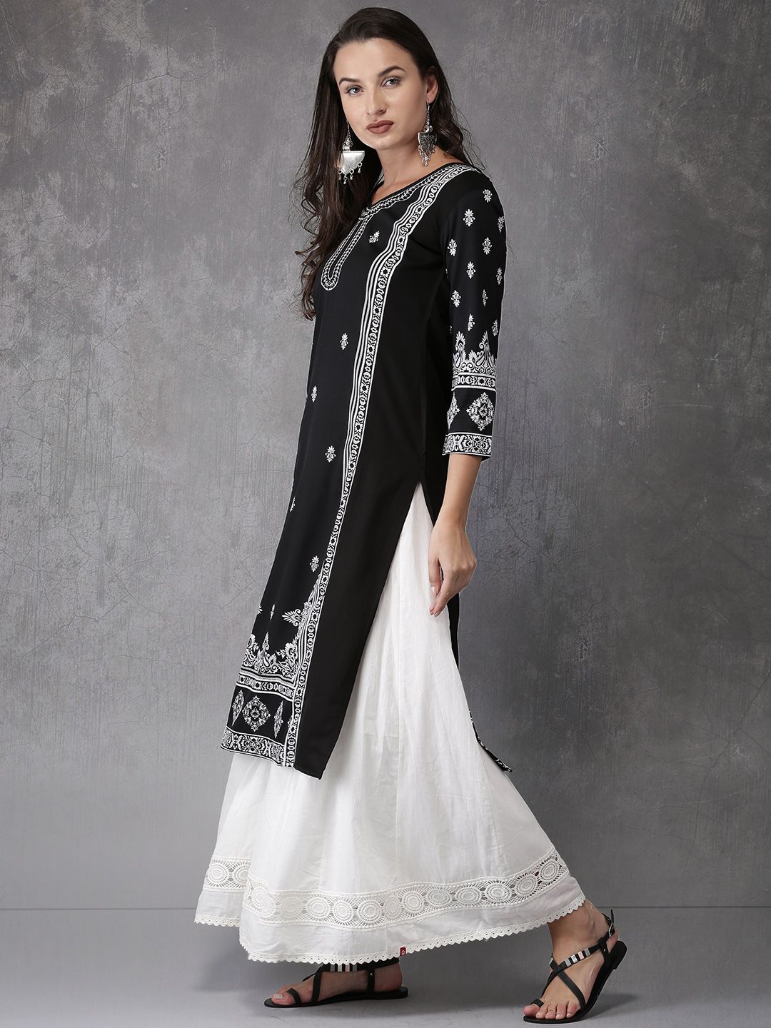 Anouk Women Black & White Ethnic Motifs Print Straight Kurta