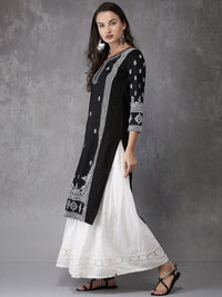 Anouk Women Black & White Ethnic Motifs Print Straight Kurta
