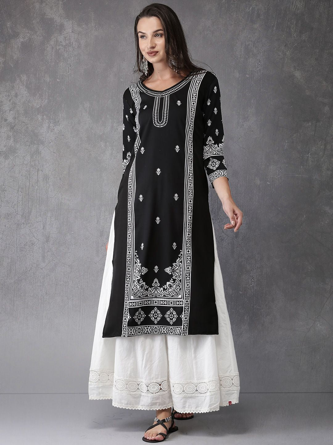 Anouk Women Black & White Ethnic Motifs Print Straight Kurta