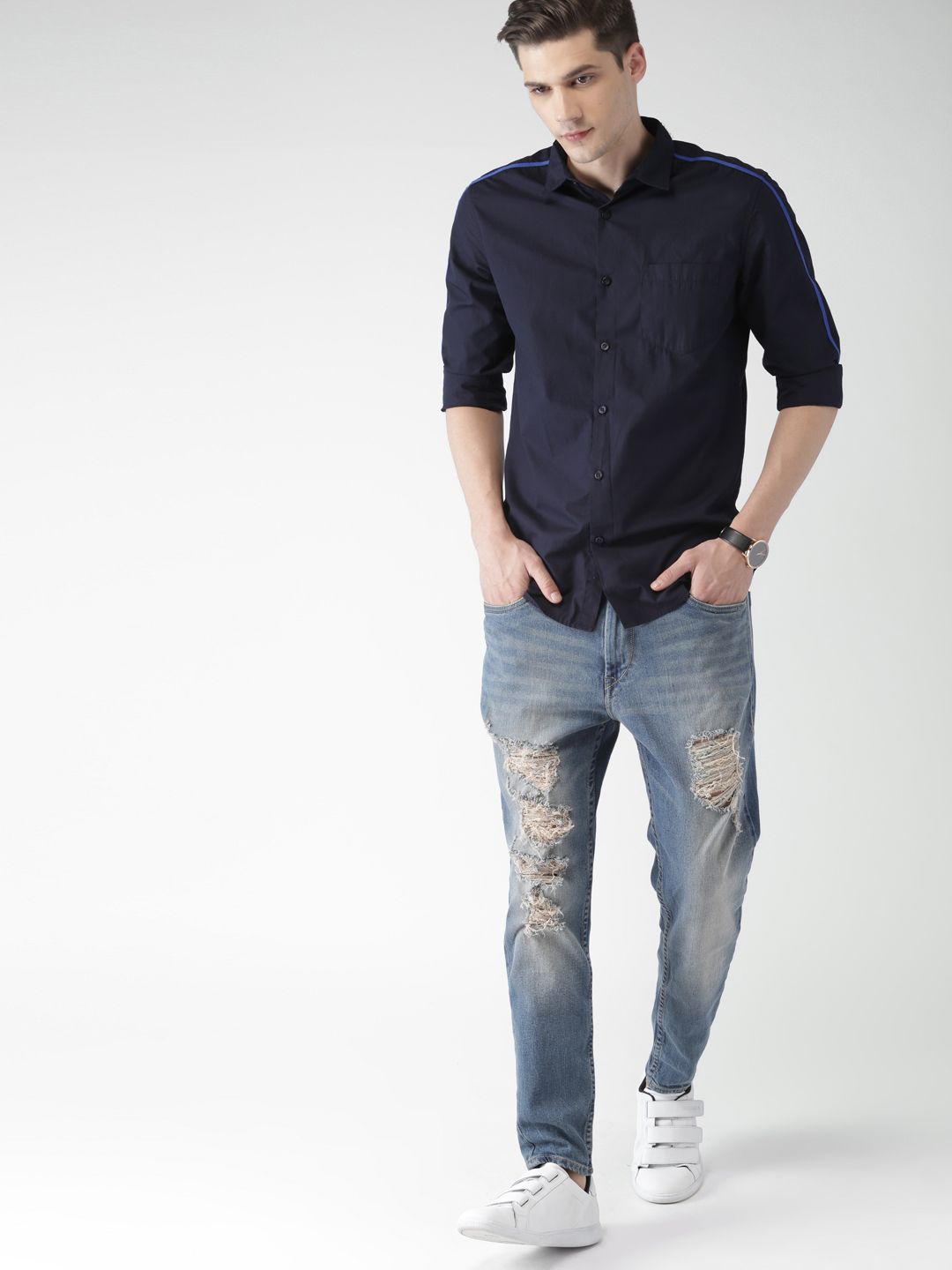 HIGHLANDER Men Navy Blue Slim Fit Solid Casual Shirt