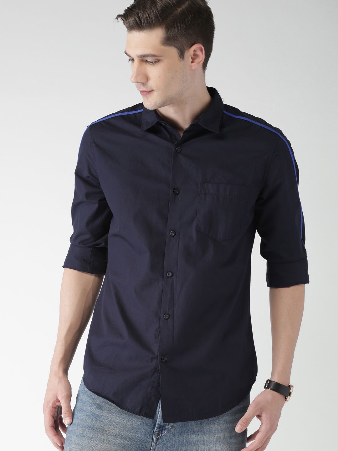 HIGHLANDER Men Navy Blue Slim Fit Solid Casual Shirt