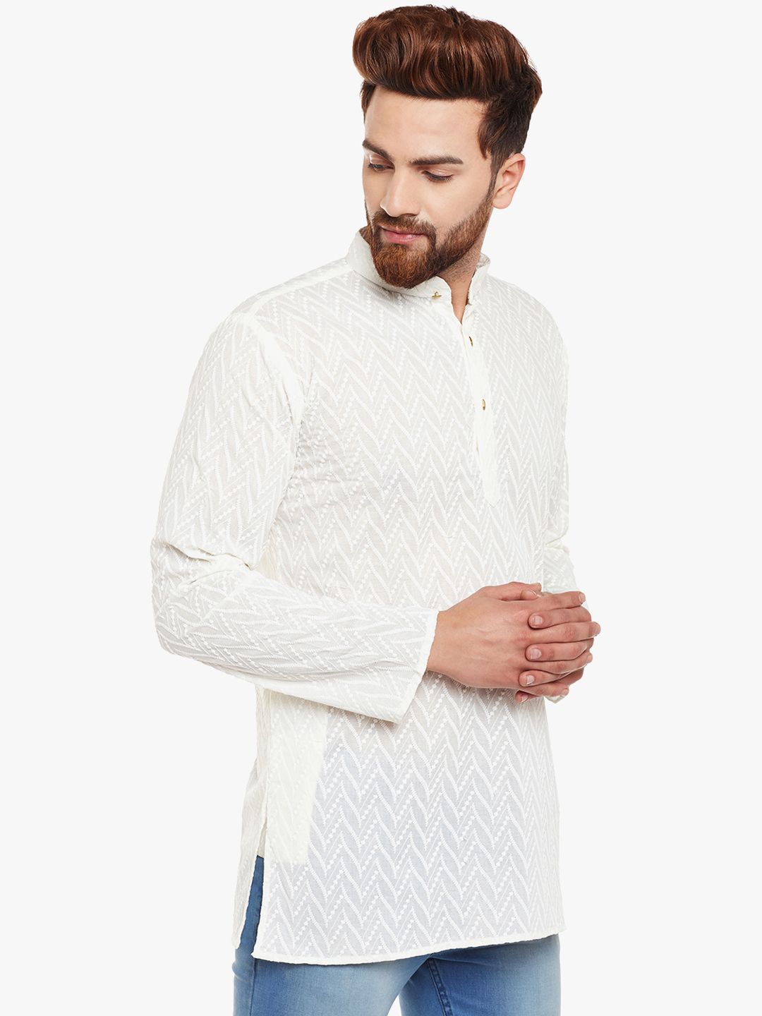 SOJANYA Lelaki Off-White Sulam Kurta Lurus