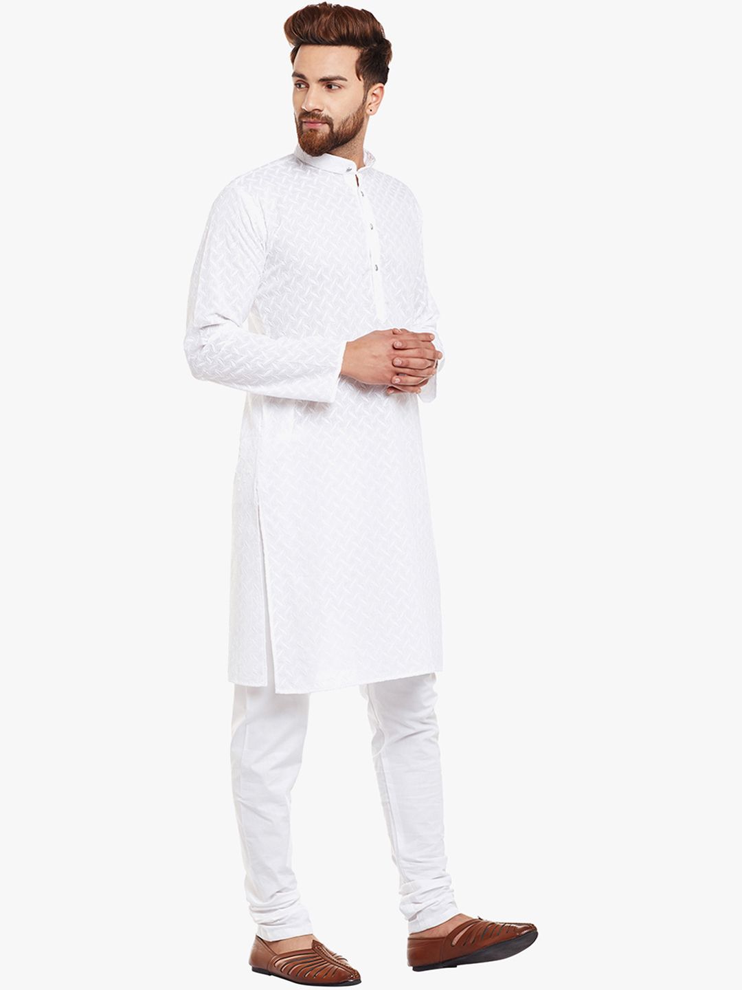 SOJANYA Lelaki Kurta Lurus Sulam Putih