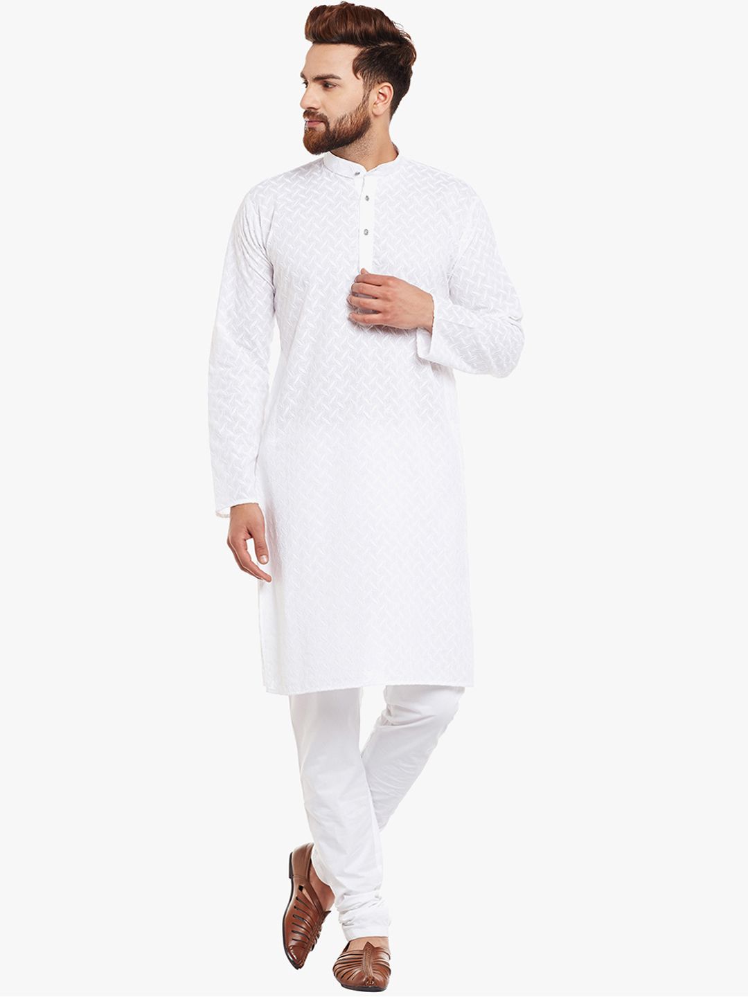SOJANYA Lelaki Kurta Lurus Sulam Putih